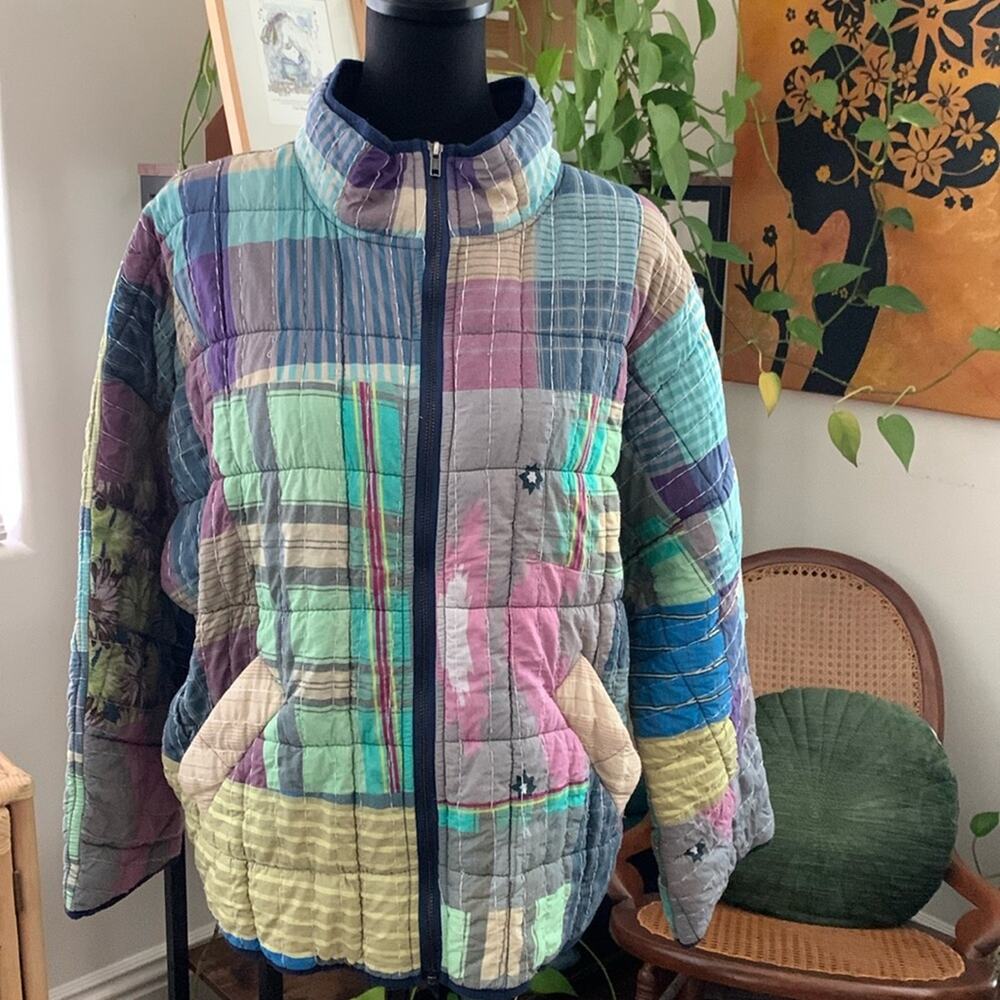 Free People Madras Plaid Kantha Quilted Dolman Preppy Hamptons Bomber Jacket